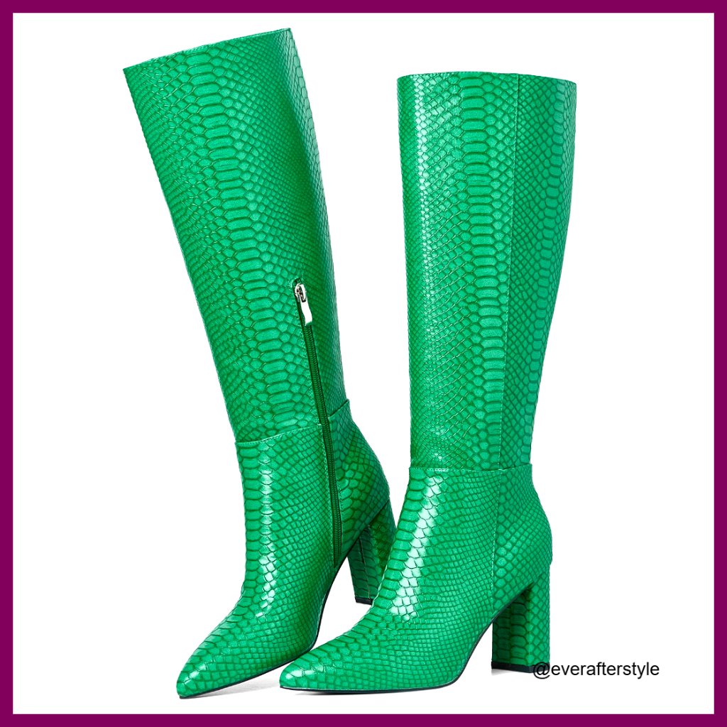 Knee High Boots Snake Skin Chunky Heel Slip On Pu Leather Combat Shoes